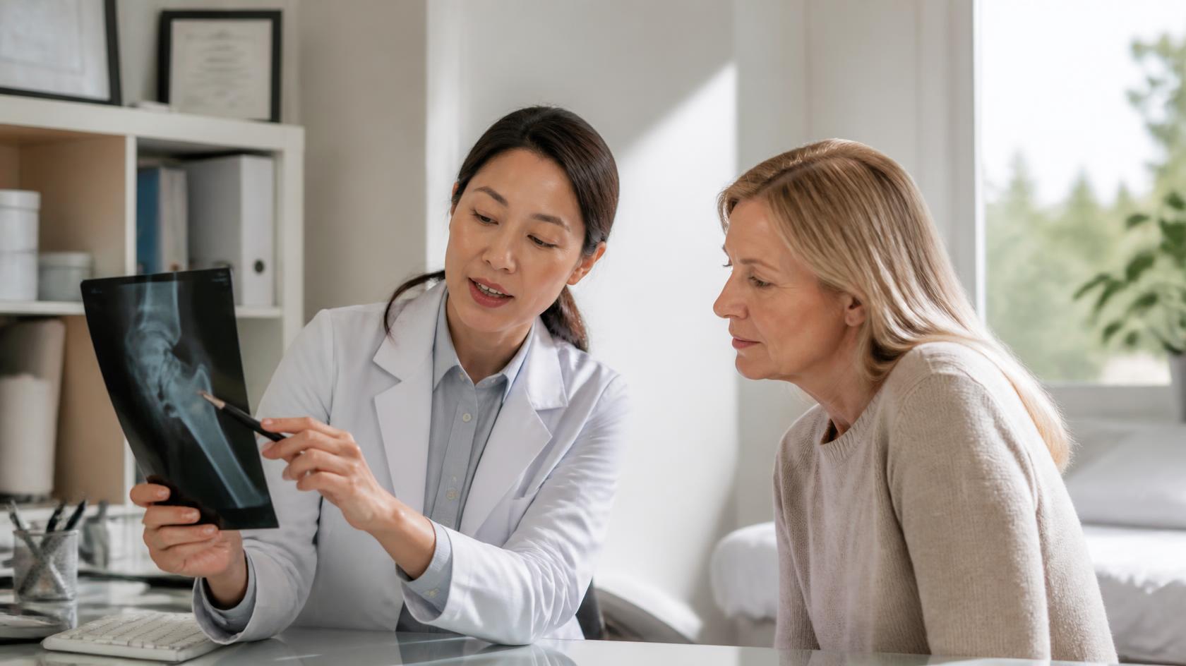 A clinician and a patient looking together at an X-ray in a bright consulting room.