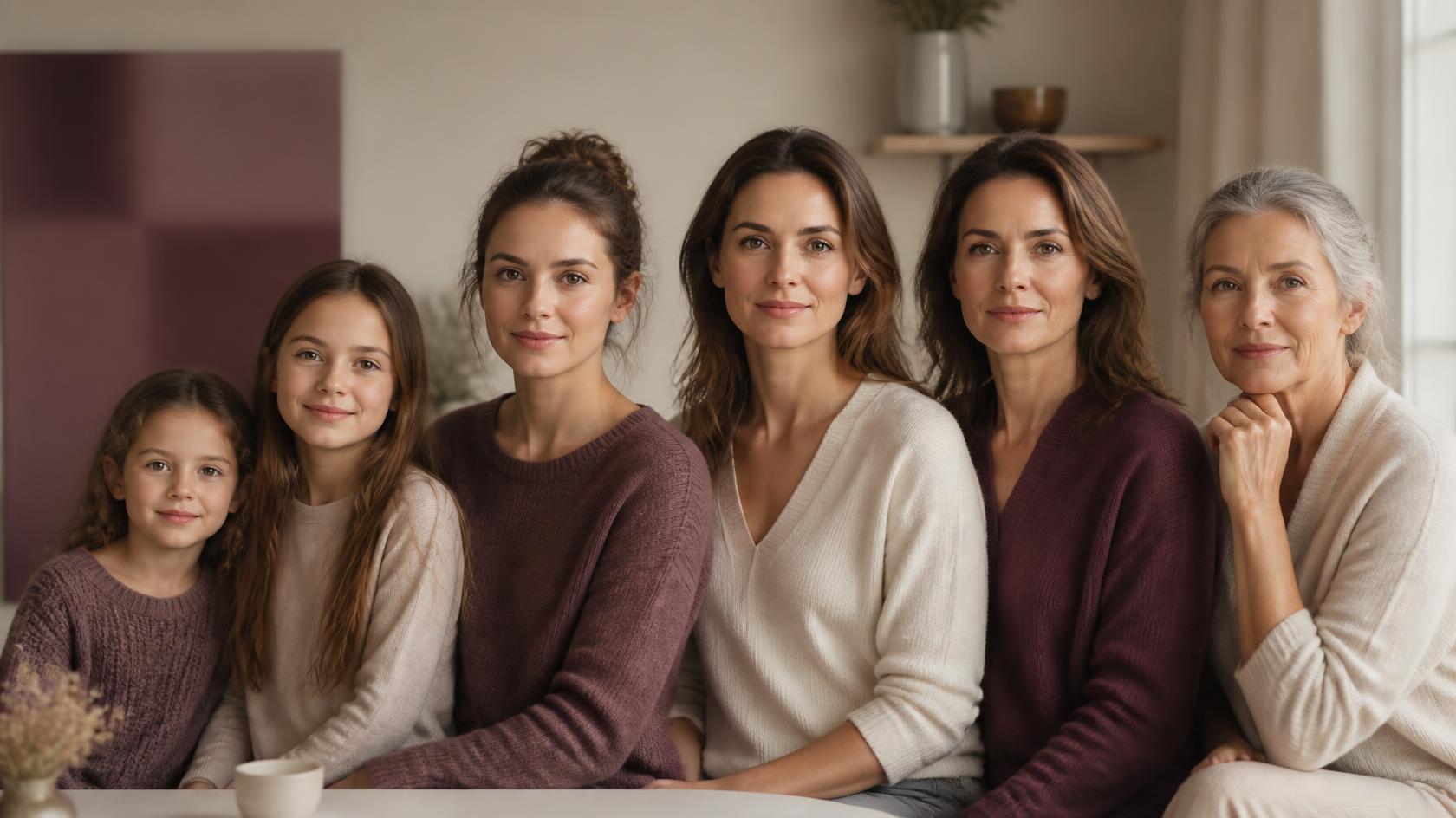 Three generations of women and two young girls sitting together at home.